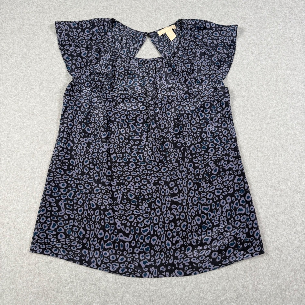 Banana Republic Womens 100% Silk Leopard Print Flowy Babydoll Blouse Blue Grey 8